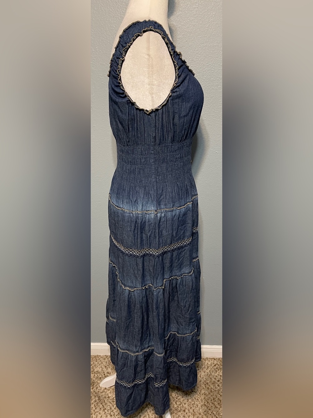 Lapis Anthropologie Blue Chambray Maxi Dress Tiered Smocked Waist Western PL - Picture 3 of 7
